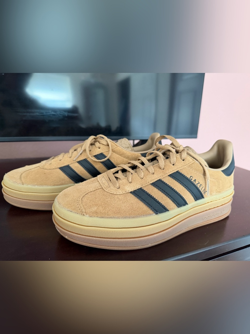 adidas women’s Suede Sneakers in Tan with Black Stripes